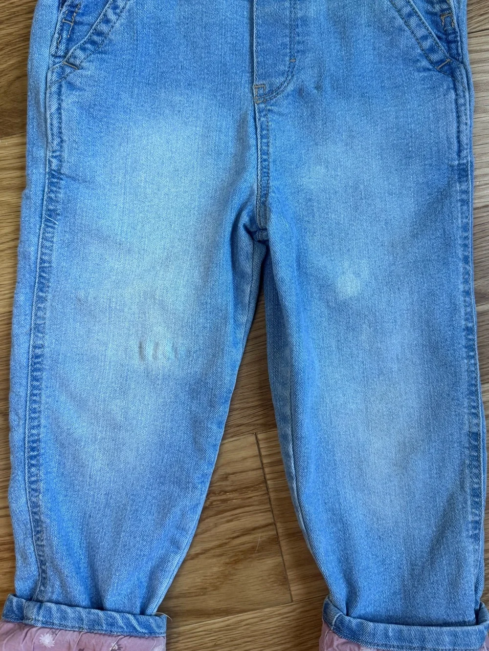 OshKosh B'gosh Light Blue Denim Overalls with Pink Floral Cuff Lining